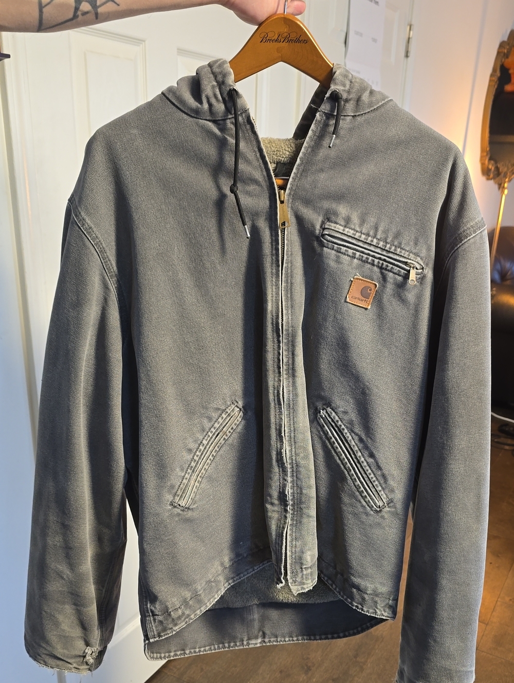 Distressed Carhartt Gray Hooded Sherpa-Lined Zip Jacket